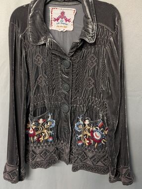 Johnny Was Silk Charcoal Velvet Floral Embroidered Button-Front Blazer Size S